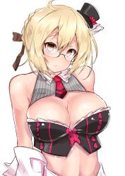 Rule 34 | 1girl, artoria pendragon (fate), bare shoulders, blonde hair, breasts, brown eyes, cleavage, fate/grand order, fate (series), glasses, hat, highres, large breasts, looking at viewer, medium breasts, mini hat, mini top hat, mysterious heroine x alter (fate), saber (fate), sankakusui, simple background, solo, top hat, upper body, white background