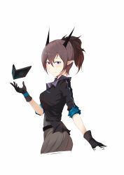 Rule 34 | 1girl, arknights, black gloves, blush, brown hair, female focus, gloves, holding, holding mask, horns, looking at viewer, mask, pointy ears, ponytail, purple eyes, simple background, skirt, solo, thatob, upper body, yato (arknights)
