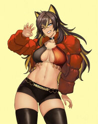 Rule 34 | 1girl, adapted costume, black choker, black shorts, black thighhighs, blue eyes, brown hair, choker, claw pose, clothes writing, commentary, cowboy shot, crop top, dark skin, dehya (genshin impact), genshin impact, grin, hand up, jacket, long sleeves, looking at viewer, meziosaur, midriff, navel, one eye closed, open clothes, open jacket, pointy hair, red jacket, short shorts, shorts, simple background, smile, solo, standing, stomach, thighhighs, thighs, yellow background
