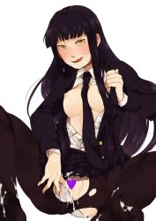 Rule 34 | 1girl, bad id, bad pixiv id, black hair, blush, breasts, censored, cum, cum on clothes, feet, female focus, female protagonist (houkago play), houkago play, long hair, looking at viewer, mosuko, necktie, nipples, no bra, open clothes, open shirt, panties, panty pull, pantyhose, purple hair, pussy, school uniform, shirt, skirt, smile, socks, solo, tongue, torn clothes, torn legwear, underwear, white panties, yellow eyes