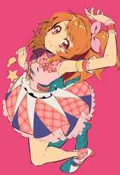 Rule 34 | 1girl, aikatsu!, aikatsu! (series), arm garter, arm up, armpits, bare legs, bow, checkered clothes, checkered dress, dot nose, dress, dress bow, from above, hair bow, hashtag-only commentary, highres, idol, long hair, looking at viewer, looking up, one side up, orange hair, ozora akari, pink background, pink bow, pink dress, red bow, red eyes, semham, sleeveless, sleeveless dress, smile, standing, wrist cuffs