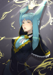Rule 34 | 1girl, absurdres, aqua hair, arms up, black capelet, black dress, blue dress, blush, braid, breasts, capelet, commentary, cowboy shot, crown braid, double-breasted, dress, english commentary, expressionless, eyelashes, eyeshadow, fire emblem, fire emblem: three houses, grey background, highres, lips, looking at viewer, magic, makeup, marianne von edmund, medium breasts, nintendo, open mouth, pelvic curtain, ribbed dress, short hair, simple background, solo, vialnite, yellow eyes
