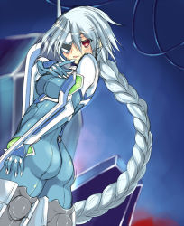 Rule 34 | 1girl, :p, armor, ass, blazblue, blush, bodysuit, braid, breasts, cable, cowboy shot, eyepatch, finger to mouth, from side, gloves, gradient background, highres, hime gyo, long hair, looking at viewer, looking back, nu-13, red eyes, silver hair, sketch, solo, tongue, tongue out, very long hair
