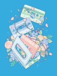 Rule 34 | blue background, cassette player, cassette tape, commentary request, earphones, highres, hiro046k, no humans, original, plant, simple background, tape, vines