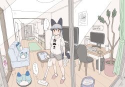 Rule 34 | ..., 1girl, :/, absurdres, animal ears, arms at sides, black hair, blush, cleaning, closed mouth, computer, contemporary, couch, curtains, door, double-parted bangs, extra ears, fisheye, flat screen tv, fox ears, fox girl, fox tail, full body, futon, grey hair, highres, holding, holding cloth, indoors, kemono friends, keyboard (computer), kitchen, kumasyan1998, living room, long hair, looking outside, lucky beast (kemono friends), monitor, mouse (computer), mousepad (object), multicolored hair, pillow, plant, potted plant, robotic vacuum cleaner, shirt, short sleeves, shorts, silver fox (kemono friends), socks, solo, spoken ellipsis, standing, t-shirt, table, tail, television, vacuum cleaner, very long hair, window, yes-no pillow