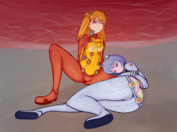 Rule 34 | 2girls, absurdres, adjusting hair, artist request, ass, ass focus, ayanami rei, blue hair, bodysuit, breasts, brown hair, covered navel, curvy, evangelion: 2.0 you can (not) advance, expressionless, hair ornament, highres, huge ass, long hair, looking at viewer, looking to the side, lying, multicolored bodysuit, multicolored clothes, multiple girls, neon genesis evangelion, pilot suit, plugsuit, rebuild of evangelion, red bodysuit, red eyes, see-through, see-through bodysuit, shiny clothes, shiny skin, short hair, skin tight, souryuu asuka langley, squatting, test plugsuit, thigh gap, twintails, two side up, very long hair, water, wide hips