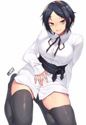 Rule 34 | 1girl, arm support, artist name, bad id, bad twitter id, black hair, black thighhighs, breasts, collared shirt, dress shirt, from above, hayami kanade, jitome, jjune, kneeling, large breasts, looking to the side, original, shirt, short hair, simple background, sitting, skindentation, smile, taut clothes, taut shirt, thighhighs, white background, white shirt, yellow eyes
