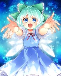 Rule 34 | 1girl, :d, blue hair, cirno, dress, highres, ho-cki, ice, ice wings, open mouth, smile, snowflakes, solo, touhou, wings