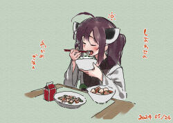 Rule 34 | 1girl, ahoge, blush, bowl, brown hair, chopsticks, closed eyes, dated, eating, facing viewer, food, food request, green background, headgear, holding, holding bowl, holding chopsticks, japanese clothes, kimono, lamb (hitsujiniku), long sleeves, obi, open mouth, plate, sash, solo, table, touhoku kiritan, translation request, twintails, voiceroid, white kimono, wide sleeves