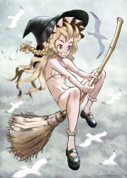 Rule 34 | 1girl, alternate costume, animal, arched back, artist name, bamboo, bamboo broom, bare arms, between legs, bikini, bird, black footwear, black hat, blonde hair, bow, braid, breasts, broom, broom riding, cloud, cloudy sky, day, facing away, flying, full body, grin, hair bow, hat, highres, holding, holding broom, kaztah, kirisame marisa, lace, lace-trimmed legwear, lace trim, legs apart, long hair, looking away, looking to the side, mary janes, micro bikini, navel, overcast, petite, raised eyebrows, seagull, shoes, sideboob, single braid, sky, small breasts, smile, socks, swimsuit, tareme, teeth, touhou, white bikini, white bow, white socks, wind, witch, witch hat, yellow eyes
