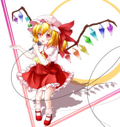 Rule 34 | 1girl, aka tawashi, ankle socks, arm up, ascot, blonde hair, blush, bobby socks, bow, dress, fang, female focus, flandre scarlet, frills, hat, high heels, highres, looking away, mary janes, microphone, music, open hand, open mouth, puffy sleeves, red eyes, shadow, shirt, shoes, short hair, short sleeves, side ponytail, singing, skirt, skirt set, smile, socks, solo, striped, striped background, embodiment of scarlet devil, touhou, wings
