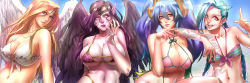 Rule 34 | 4girls, aqua hair, arm support, bare shoulders, bikini, black wings, blonde hair, blue eyes, braid, breasts, covered erect nipples, elbow rest, feathered wings, finger to mouth, frilled bikini, frills, front-tie bikini top, front-tie top, gradient background, hair between eyes, highres, huge breasts, jinx (league of legends), kayle (league of legends), large breasts, league of legends, lips, long hair, micro bikini, midriff, morgana (league of legends), multiple girls, navel, non (nonzile), open mouth, outdoors, parted lips, pink eyes, pointy ears, purple eyes, purple hair, revealing clothes, sideboob, sitting, skindentation, slit pupils, small breasts, sona (league of legends), swimsuit, tattoo, twin braids, twintails, underboob, white bikini, white wings, wings