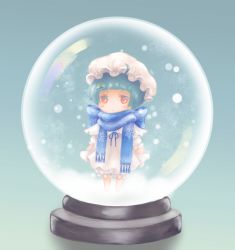 Rule 34 | 1girl, ahoge, blue background, blue hair, blue scarf, blush, chibi, commentary request, dress, girls&#039; frontline, hair ornament, hairclip, hat, mob cap, official alternate costume, red eyes, rutileq, scarf, short hair, snow, snow globe, solo, white dress, zas m21 (girls&#039; frontline), zas m21 (gunshot in the snow) (girls&#039; frontline)