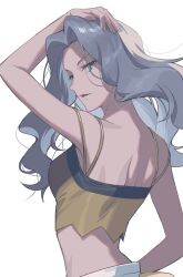 Rule 34 | 1girl, absurdres, bin (bottle crown), blue eyes, breasts, creatures (company), elite four, game freak, grey hair, highres, karen (pokemon), looking at viewer, medium breasts, midriff, nintendo, parted lips, pokemon, pokemon hgss, shirt, sideboob, simple background, sleeveless, solo, upper body, white background, yellow shirt