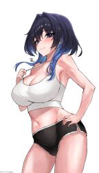 Rule 34 | 1girl, adjusting clothes, alternate costume, armpits, bare shoulders, black hair, black shorts, blue eyes, blue hair, blush, breasts, closed mouth, colored tips, contrapposto, cowboy shot, dolphin shorts, from below, gradient hair, hair intakes, hand on own hip, highres, hololive, hololive english, large breasts, looking at viewer, medium hair, midriff, multicolored hair, ouro kronii, shorts, sidelocks, simple background, solo, tank top, tententempe, virtual youtuber, white background, white tank top, wolf cut