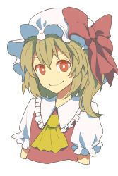Rule 34 | 1girl, blonde hair, bow, closed mouth, collar, dress, flandre scarlet, hair between eyes, hat, hat bow, highres, mob cap, nayozane (worker7), one side up, orange eyes, puffy short sleeves, puffy sleeves, red bow, red dress, shirt, short hair, short sleeves, simple background, smile, solo, touhou, upper body, white background, white collar, white hat, white shirt, white sleeves, yellow neckwear