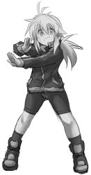 Rule 34 | 1girl, :d, antenna hair, bike shorts, commentary request, full body, greyscale, jacket, koshirae tsurugi (m.m), long sleeves, looking at viewer, low ponytail, m.m, monochrome, open mouth, original, ponytail, shoes, simple background, sleeves past wrists, smile, socks, solo, stance, standing, track jacket, white background