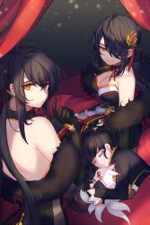 Rule 34 | 3girls, ahoge, ara haan, ara han, asymmetrical clothes, bare shoulders, black dress, black gloves, black hair, braid, breasts, cleavage, closed eyes, commentary request, corset, creature, cropped jacket, detached sleeves, devi (elsword), dress, elbow gloves, elsword, eyeliner, feather boa, gloves, hair between eyes, hair ornament, hair over one eye, hairpin, hand up, hug, jewelry, large breasts, light particles, little devil (elsword), long hair, looking at another, looking at viewer, lying, makeup, multiple girls, mwo imma hwag, ponytail, side slit, sitting, sleeping, smile, under covers, very long hair, yama raja (elsword), yellow eyes