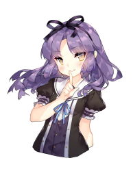 Rule 34 | 1girl, arm at side, black jacket, black ribbon, blue ribbon, blush, closed mouth, commentary request, eiyuu densetsu, falcom, finger to mouth, fingernails, hair ribbon, index finger raised, jacket, long hair, looking at viewer, puffy short sleeves, puffy sleeves, purple hair, purple vest, renne (eiyuu densetsu), ribbon, saru, sen no kiseki, shirt, short sleeves, shushing, simple background, smile, solo, sora no kiseki, upper body, vest, white background, white shirt, yellow eyes