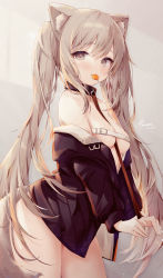 Rule 34 | 1girl, :3, absurdres, animal ears, bare shoulders, belt, between breasts, black jacket, breasts, candy, cat ears, cat girl, cat tail, cleavage, collar, cowboy shot, food, fusuma (ramunezake), grey eyes, grey hair, heart, heart-shaped pupils, highres, jacket, leash, lollipop, long hair, looking at viewer, mouth hold, off shoulder, original, small breasts, solo, standing, symbol-shaped pupils, tail, thighs, twintails, very long hair
