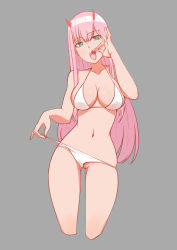 Rule 34 | 10s, 1girl, bikini, bikini pull, breasts, candy, clothes pull, darling in the franxx, food, gluteal fold, green eyes, grey background, head tilt, highres, horns, kuso otoko, large breasts, lollipop, long hair, navel, open mouth, pink hair, simple background, skindentation, solo, stomach, swimsuit, thigh gap, tongue, tongue out, white bikini, zero two (darling in the franxx)