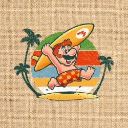 Rule 34 | 1boy, blue eyes, brown hair, facial hair, full body, grin, mario, mario (series), mustache, nintendo, official art, open mouth, palm tree, running, sand, shorts, smile, solo, surfboard, topless, tree