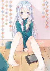 Rule 34 | 1girl, absurdres, between legs, black thighhighs, blue eyes, blush, bow, chaji xiao bai, closed mouth, covering privates, covering crotch, dated, eromanga sensei, feet, green jacket, hair bow, hair ornament, hair ribbon, hand between legs, highres, indoors, izumi sagiri, jacket, light blush, long hair, long sleeves, looking away, no shoes, panties, pantyshot, ribbon, shadow, signature, sitting, sleeves past wrists, solo, speaker, tablet pc, thighhighs, thighs, track jacket, tress ribbon, underwear, wall, white panties, white thighhighs, wooden floor, zipper