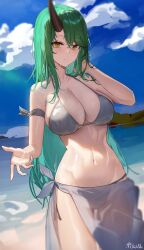 Rule 34 | 1girl, absurdres, arknights, bare arms, bare shoulders, bikini, blue sky, cloud, commentary request, cowboy shot, day, green hair, grey bikini, hand in own hair, hand up, highres, horns, hoshiguma (arknights), long hair, looking at viewer, maanu, navel, ocean, parted lips, sarong, single horn, sky, solo, standing, stomach, swimsuit, thighs, very long hair, water, yellow eyes