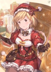 Rule 34 | 1girl, bag, blonde hair, djeeta (granblue fantasy), fur trim, gloves, granblue fantasy, handbag, hat, highres, milli little, santa costume, santa hat, short hair, sitting