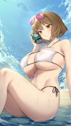 Rule 34 | 1girl, absurdres, anis (nikke), anis (sparkling summer) (nikke), bikini, breasts, brown hair, can, cleavage, eyepatch bikini, eyewear on head, from below, goddess of victory: nikke, highres, holding, holding can, jewelry, large breasts, looking at viewer, necklace, negative cha09, outdoors, short hair, side-tie bikini bottom, sitting, smile, solo, swimsuit, thighs, white bikini, yellow eyes