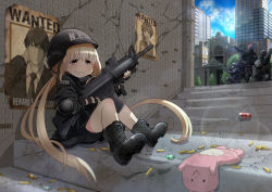Rule 34 | 10s, 1girl, assault rifle, blonde hair, blush, boots, braid, brick wall, brown eyes, chiyomi, combat boots, futaba anzu, gloves, grin, gun, hat, helmet, idolmaster, idolmaster cinderella girls, long hair, military, military uniform, open mouth, police, poster (medium), poster (object), producer (idolmaster), producer (idolmaster cinderella girls anime), rifle, senkawa chihiro, shell casing, sitting, smile, stuffed toy, swat, twintails, uniform, wanted, weapon