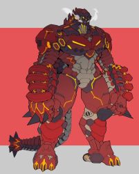Rule 34 | armor, catball1994, clawed boots, clenched hands, ex red king, full armor, kaijuu, mask, mechanical parts, monster, neon lights, neon trim, orange eyes, original, pectorals, power armor, red armor, red eyes, red king (ultra series), redesign, resolution mismatch, sharp teeth, skull mask, solo, source larger, spiked knuckles, spiked tail, steam, tail, teeth, tusks, ultra series, ultraman (1st series), wheel