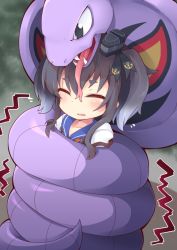 Rule 34 | 1girl, anchor symbol, arbok, black hair, blue sailor collar, blush, bound, commission, constriction, crossover, closed eyes, fangs, gen 1 pokemon, grey hair, hat, kantai collection, mini hat, multicolored hair, open mouth, outdoors, pokemon, pokemon (creature), reku, restrained, sailor collar, short hair with long locks, simple background, skeb commission, tokitsukaze (kancolle), tongue