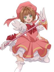 Rule 34 | 1girl, :d, blush, brown hair, cardcaptor sakura, commentary request, dress, eyelashes, fpminnie1, fuuin no tsue, gloves, green eyes, happy, highres, kinomoto sakura, looking at viewer, magical girl, open mouth, puffy short sleeves, puffy sleeves, short hair, short sleeves, simple background, smile, solo, thighhighs, thighs, wand, white background, white gloves, white thighhighs, white wings, wings