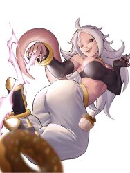 Rule 34 | 1girl, android 21, black nails, black sclera, breasts, cleavage, colored sclera, colored skin, cupcake, detached sleeves, doughnut, dragon ball, dragon ball fighterz, energy beam, fingernails, food, heels, highres, large breasts, long fingernails, long hair, open mouth, pink skin, red eyes, solo, strapless, tail, tongue, tube top, white hair, zukululuu