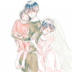 Rule 34 | 1boy, 2girls, aged down, arm hug, bad id, bad pixiv id, barefoot, blush, breasts, brown pants, child, cleavage, collarbone, commentary request, dress, family, father and daughter, green sweater, hair between eyes, hair ornament, hair over one eye, highres, holding person, husband and wife, kirishima arata, kirishima hikari, kirishima touka, large breasts, leaning forward, long sleeves, looking at another, mother and daughter, multiple girls, pants, rabbit hair ornament, short hair, simple background, smile, standing, sweater, tokyo ghoul, toukaairab, veil, wedding dress, white background, white dress