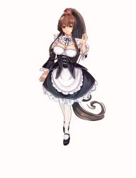 Rule 34 | 1girl, absurdres, alternate costume, apron, bad id, bad pixiv id, black dress, black footwear, blush, breasts, brown hair, cherry blossoms, cleavage, closed mouth, cosplay, detached sleeves, dress, enmaided, flower, frilled apron, frills, full body, hair flower, hair ornament, highres, himeyamato, kantai collection, large breasts, long hair, maid, maid apron, maid headdress, multiple girls, ponytail, re:zero kara hajimeru isekai seikatsu, shoes, simple background, smile, solo, very long hair, waist apron, white apron, white background, yamato (kancolle)