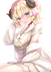 Rule 34 | 1girl, arm behind head, blonde hair, blue eyes, blush, breasts, cardigan, commentary request, dress, hair between eyes, hair ornament, hairpin, headphones, highres, hololive, horns, large breasts, long sleeves, looking at viewer, open mouth, sailor collar, sheep girl, sheep horns, short hair, short sleeves, smile, solo, striped clothes, striped dress, tsunomaki watame, tsunomaki watame (street casual), vertical-striped clothes, vertical-striped dress, virtual youtuber, white background, white cardigan, white sailor collar, yuano