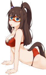 Rule 34 | 1girl, :p, animal ears, arched back, arm support, ass, blue eyes, blush, bra, breasts, brown hair, cleavage, el condor pasa (umamusume), hinata masaki, horse ears, horse girl, horse tail, long hair, looking at viewer, mask, medium breasts, no nose, panties, ponytail, red bra, red panties, simple background, solo, tail, tongue, tongue out, umamusume, underwear, white background