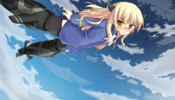 Rule 34 | 1girl, animal ears, blonde hair, blush, cat ears, cat tail, flying, glasses, highres, kachigawa, long hair, looking at viewer, open mouth, pantyhose, perrine h. clostermann, sky, solo, strike witches, striker unit, tail, uniform, wallpaper, world witches series, yellow eyes