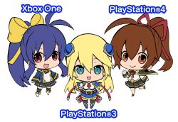 Rule 34 | 3girls, arc system works, blazblue, blazblue: chronophantasma, blazblue remix heart, celica a. mercury, chibi, game console, looking at viewer, mai natsume, multiple girls, noel vermillion, official art, playstation 3, playstation 4, simple background, white background, xbox one
