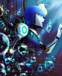Rule 34 | 1girl, air bubble, blue eyes, bubble, looking to the side, mega man (classic), mega man (series), mega man 9, mirinae6217, profile, robot, splash woman, underwater