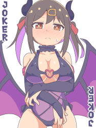 Rule 34 | 1girl, arm under breasts, bare shoulders, black gloves, black hair, blush, breasts, bridal gauntlets, brown eyes, card, collarbone, commentary, cosplay, cowboy shot, demon costume, demon wings, elbow gloves, frown, gloves, gluteal fold, hair between eyes, hair ornament, hairclip, heart o-ring, highres, horns, hozuki kaede, hozuki kaede (cosplay), joker (playing card), large breasts, leotard, long hair, looking at viewer, low wings, multicolored hair, namari siro, nose blush, onii-chan wa oshimai!, oyama mihari, playing card, purple hair, purple leotard, simple background, solo, sweatdrop, twintails, two-tone hair, white background, wings