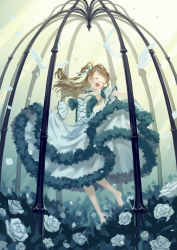 Rule 34 | 1girl, barefoot, bird, birdcage, cage, choker, commentary request, crown, dancing, detached sleeves, dress, closed eyes, feathers, flower, grey hair, hair ribbon, long hair, love live!, love live! school idol festival, love live! school idol project, minami kotori, open mouth, outstretched arms, ribbon, ribbon choker, rose, skirt hold, smile, solo, spread arms, teeth, tomiwo, upper teeth only, white feathers, white flower, white ribbon, white rose