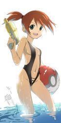 Rule 34 | 1girl, :d, absurdres, asymmetrical hair, ball, bare shoulders, beachball, bikini, black one-piece swimsuit, breasts, brown hair, cleavage, creatures (company), game freak, gen 1 pokemon, green eyes, gym leader, highres, holding, legs, looking at viewer, misty (pokemon), navel, nintendo, one-piece swimsuit, open mouth, orange hair, partially submerged, poke ball, pokemon, pokemon: the electric tale of pikachu, ponytail, short hair, short ponytail, side ponytail, simple background, slingshot swimsuit, small breasts, smile, solo, standing, starmie, swimsuit, thighs, wading, water, water gun, wet, white background, yamada taro (yamada tarou00)