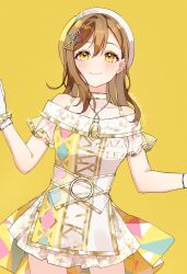 1girl amazing_travel_dna bare_shoulders breasts brown_hair closed_mouth collarbone commentary_request cowboy_shot dress gim_(gim-gim-3919) gloves hair_between_eyes hair_ornament hat highres jewelry kunikida_hanamaru long_hair looking_at_viewer love_live! love_live!_sunshine!! medium_breasts necklace off-shoulder_dress off_shoulder official_alternate_costume sidelocks simple_background smile solo triangle_hair_ornament white_dress white_gloves white_hat yellow_background yellow_eyes