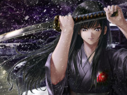 Rule 34 | 1girl, bad id, bad pixiv id, black hair, fingernails, highres, holding, holding sword, holding weapon, japanese clothes, kimono, long hair, looking at viewer, night, original, outdoors, purple eyes, shisshou senkoku, snowing, solo, sword, weapon, wind