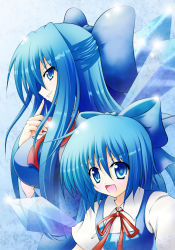 Rule 34 | &gt;:), 2girls, :d, alternate hair length, alternate hairstyle, blue eyes, blue hair, cirno, cirno-nee, dual persona, half updo, long hair, multiple girls, aged up, open mouth, osashin (osada), short hair, sideways mouth, smile, touhou, v-shaped eyebrows, wings