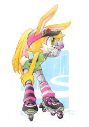 Rule 34 | 1girl, artist name, bunnie rabbot, character request, cyborg, dated, finik, furry, furry female, green eyes, hat, highres, mechanical arms, mechanical legs, roller skates, signature, single mechanical arm, skates, socks, solo, sonic (series), watermark
