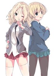 Rule 34 | 2girls, back-to-back, black legwear, black neckwear, blazer, blonde hair, blouse, blue eyes, blue skirt, blue sweater, braid, collared shirt, commentary, cowboy shot, darjeeling (girls und panzer), dress shirt, finger to mouth, from behind, girls und panzer, grey jacket, hair intakes, hand on own hip, head tilt, jacket, kay (girls und panzer), long hair, long sleeves, looking at viewer, looking back, miniskirt, multiple girls, necktie, one eye closed, open clothes, open jacket, open mouth, pantyhose, pleated skirt, red skirt, saunders school uniform, school uniform, shirt, short hair, shushing, simple background, skirt, smile, st. gloriana&#039;s school uniform, standing, sweater, thighhighs, tom q (tomtoq), white background, white legwear, white shirt